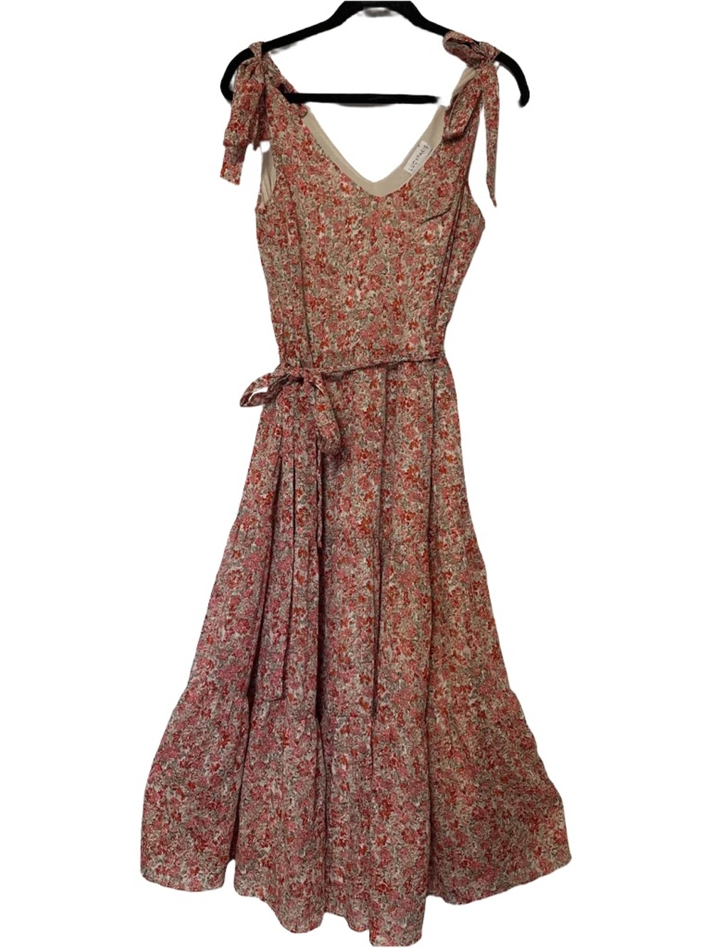 Lucy Paris Midi Dress Floral Tie-Strap Medium Fit & Flare Pink & Cream Chiffon - Picture 4 of 6